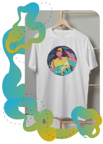 White t-shirt with a drawn artistic design on it of a man with white glasses and yellow shirt.